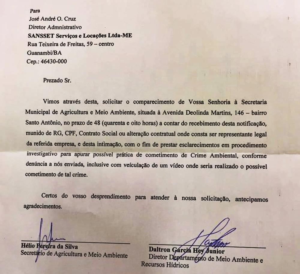 Guanambi: Prefeitura notifica empresa para apurar possível prática de crime ambiental em lagoa; Empresário nega