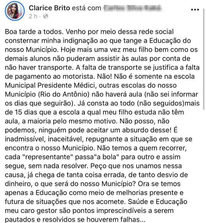 Falta de transporte escolar deixa estudantes sem aula em Rio do Antônio; mãe denunciou situação em rede social 