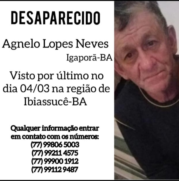 Morador de Igaporã, de 67 anos, está desaparecido; familiares buscam informações