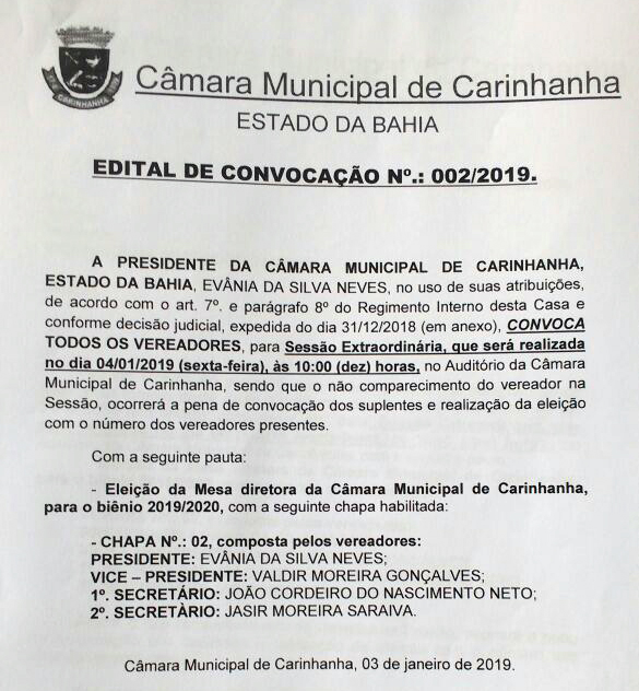 Carinhanha: Legislativo convoca nova eleição da mesa diretora; Vereadores dizem que não comparecerão 