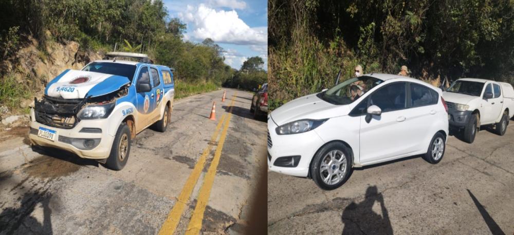 Três veículos, sendo um deles uma viatura da PM, colidem na BA-148, na Serra das Almas