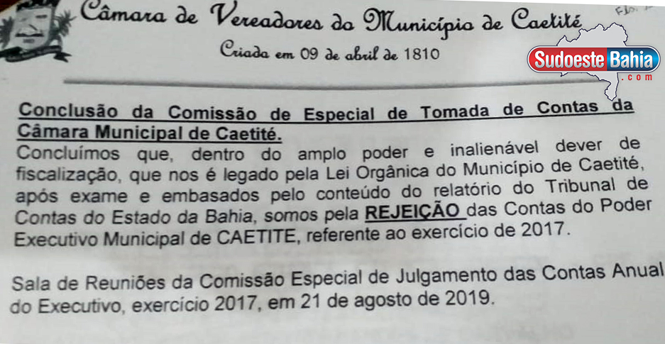 Caetité: Câmara poderá rejeitar contas de 2017 do prefeito Aldo Gondim