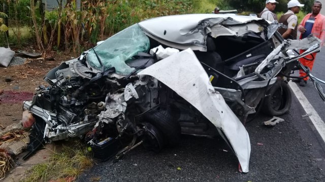 Sudoeste: Mulher morre e criança de 9 anos fica ferida após colisão entre carro e caminhão na BR-330