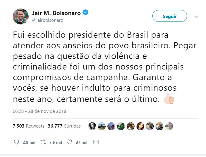 Bolsonaro diz que presos não terão indulto em seu governo