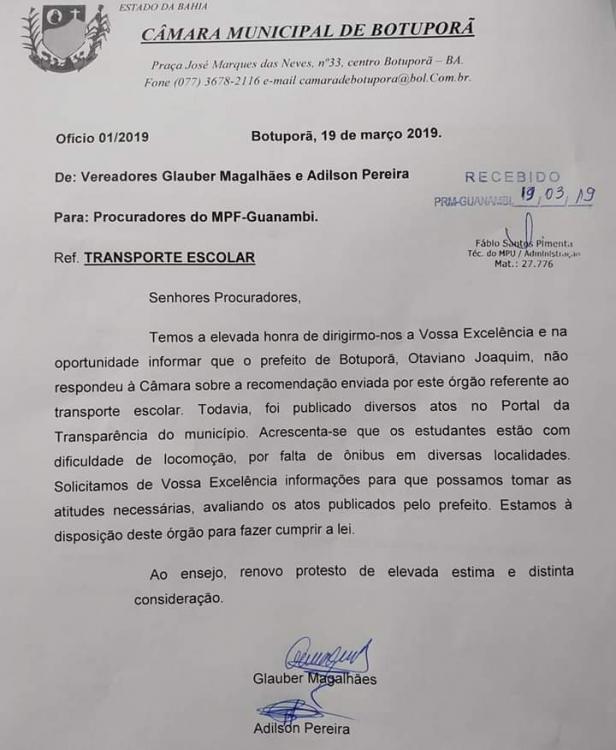 Botuporã: vereadores protocolam ofício no MPF em busca de solução para problemas no transporte escolar 