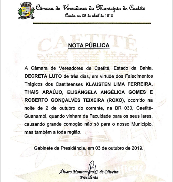 Câmara de Vereadores de Caetité decreta luto pela morte de universitários e motorista em grave acidente na BR-030