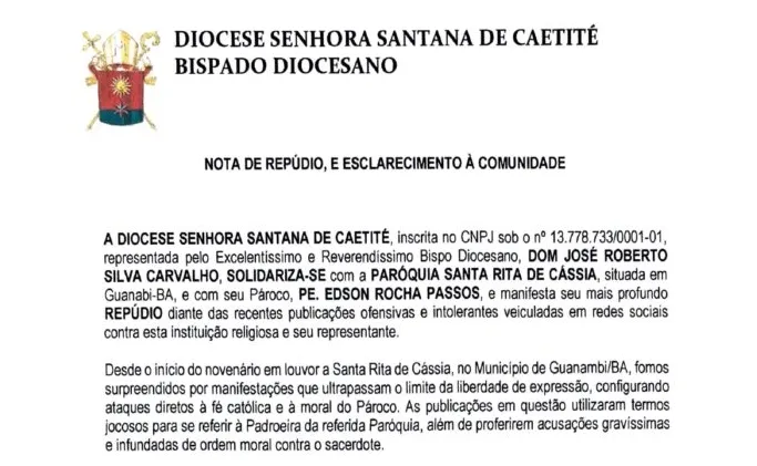 Diocese de Caetité repudia ataques contra paróquia em Guanambi