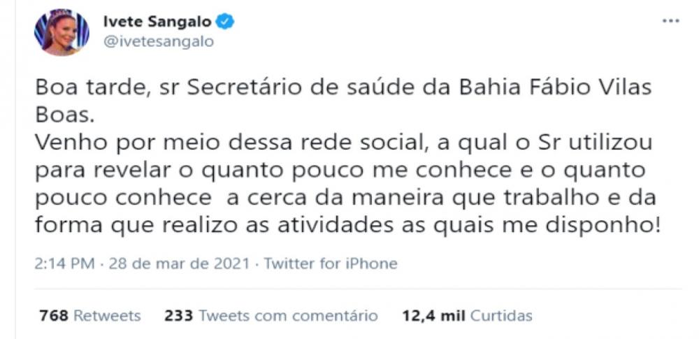 Após ser cobrada, Ivete rebate Fábio Vilas-Boas, mas comete erro grosseiro de português