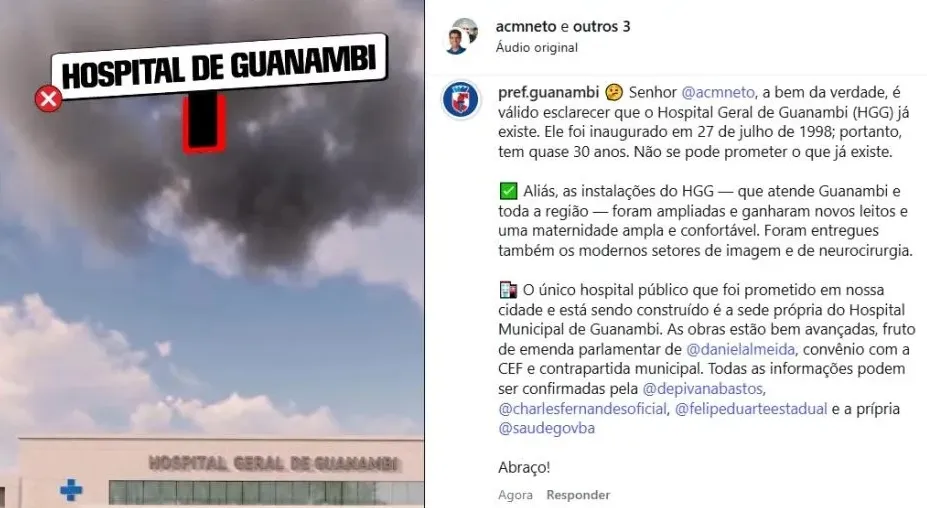 Prefeitura de Guanambi desmente ACM Neto após vídeo sobre hospital