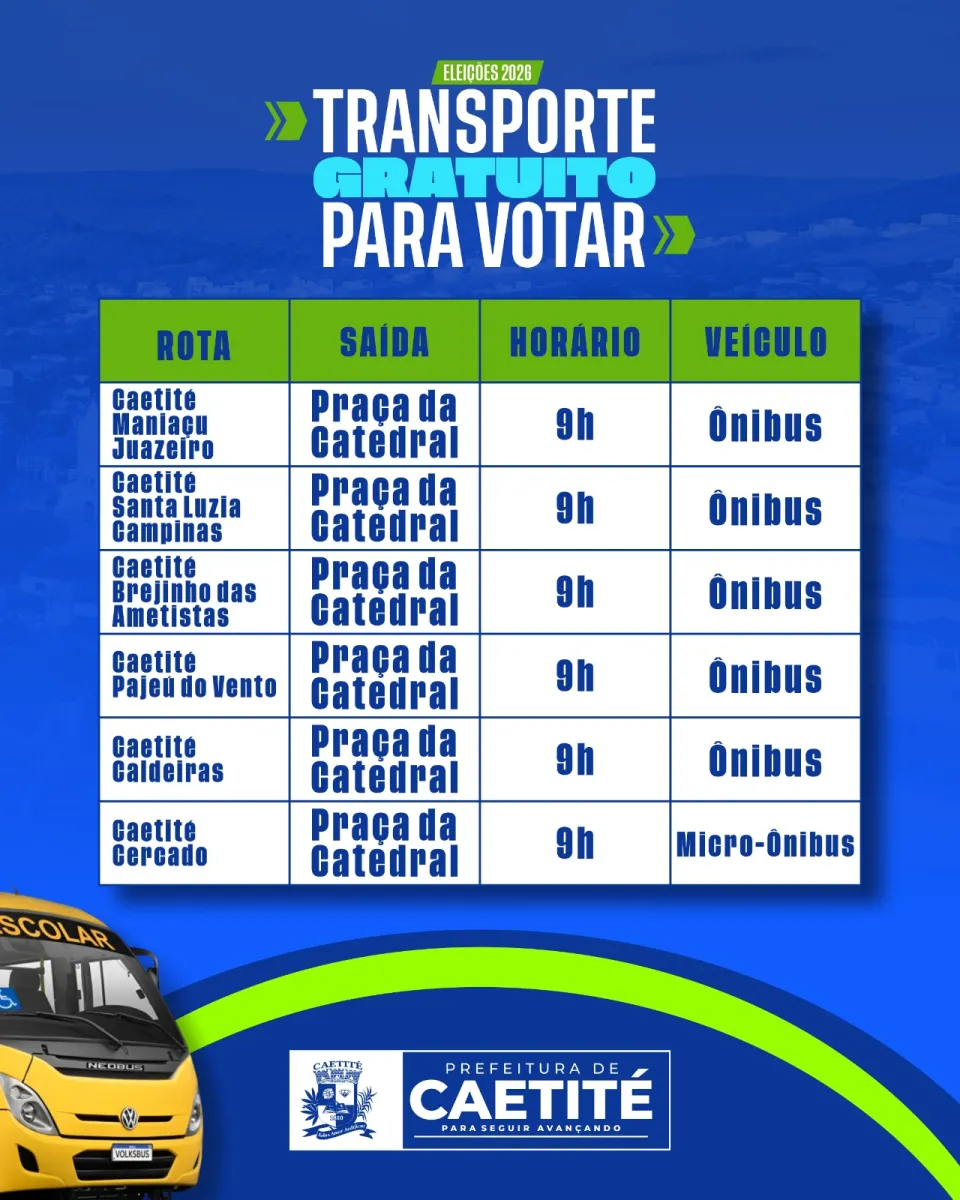 Caetité terá transporte gratuito para eleitores neste domingo (4); veja rotas