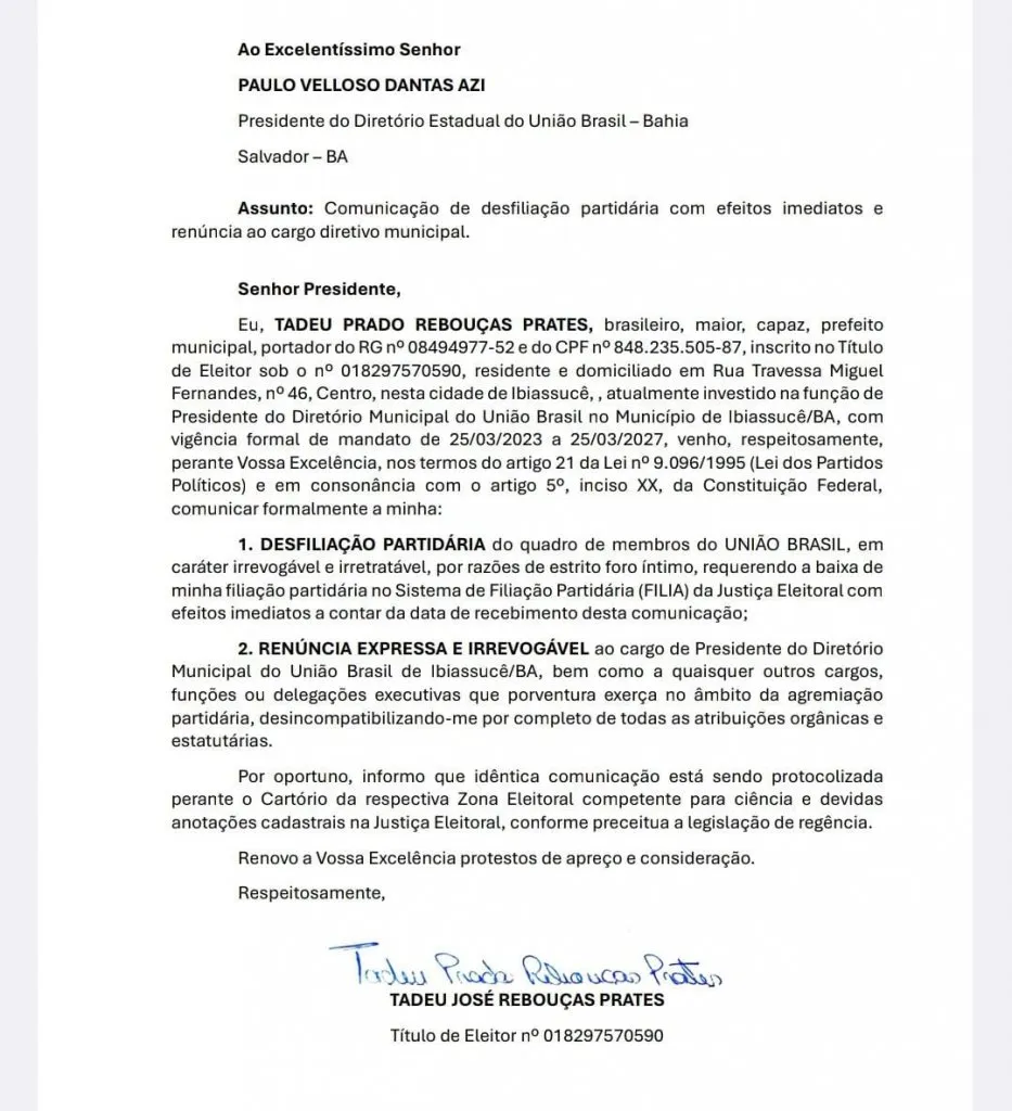 Tadeu Prates já estava desfiliado do União Brasil durante ato com Jerônimo em Ibiassucê
