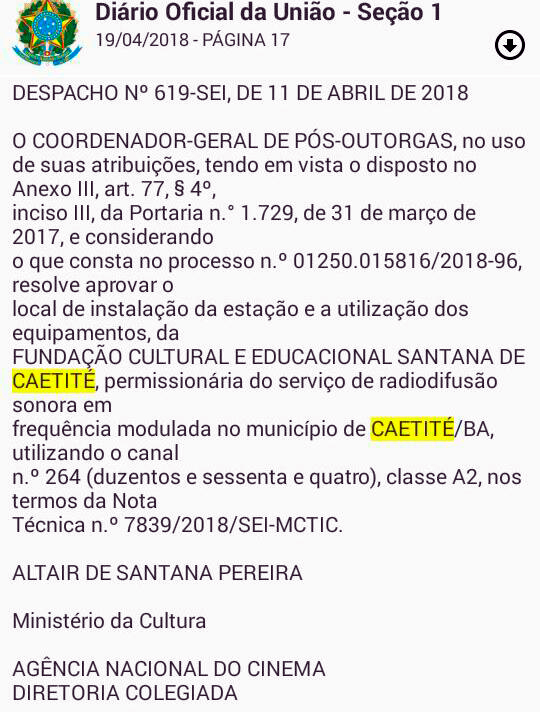Caetité: Ministério das Comunicações aprova equipamentos e libera canal para funcionamento da Radio Educadora em FM