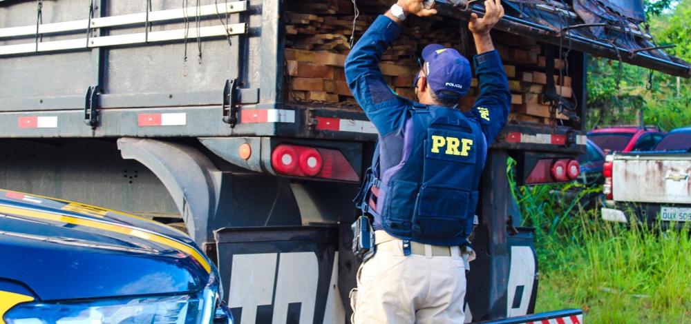 PRF apreende carga ilegal de madeira em Itabuna