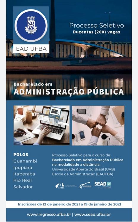 Ufba polo Guanambi oferece 200 vagas para o curso em administração pública na modalidade EAD