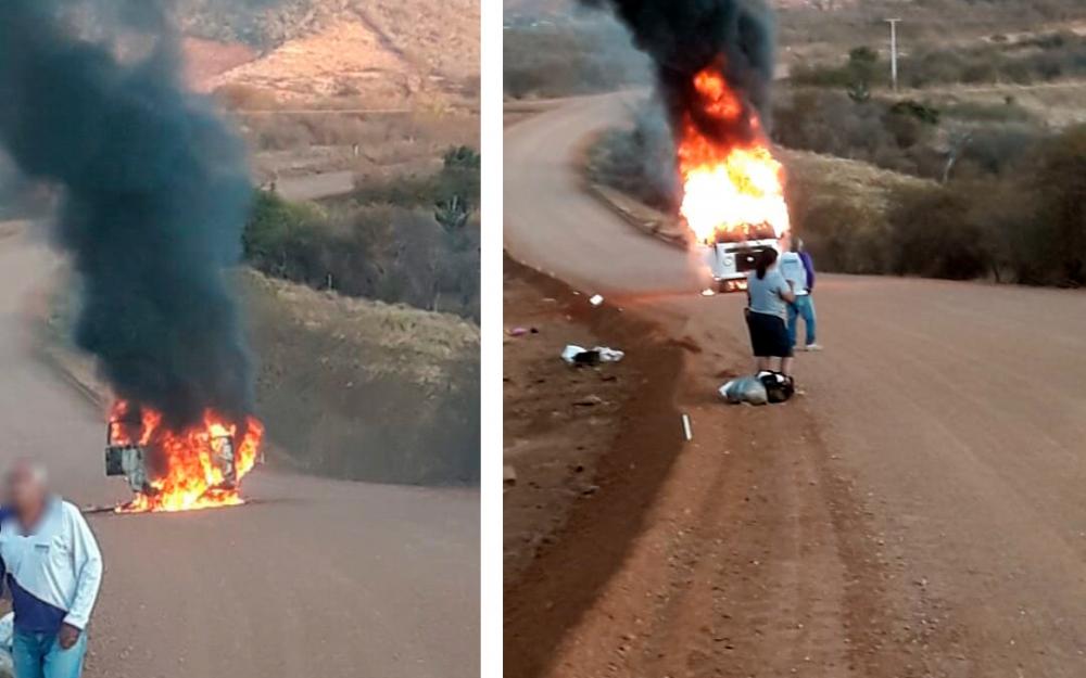 Kombi que fazia transporte de passageiros para Caetité pegou fogo na BA-156; não houve feridos 