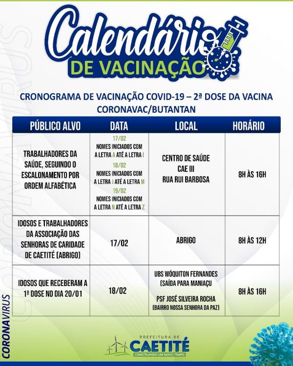 Secretaria de Saúde de Caetité divulga cronograma para aplicação da 2ª dose da vacina CoronaVac