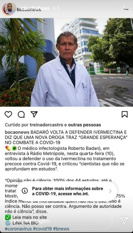 Secretário de Saúde de Brumado faz postagem em rede social relacionada ao uso de ivermectina 
