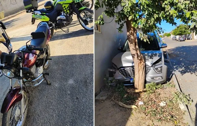 Carro bate em árvore após colisão com moto no bairro Morada Nova, em Guanambi
