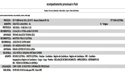Sebastião Laranjeiras : Com parecer do MP, coligação pede ao TRE/BA cassação do registro de candidato a prefeito 